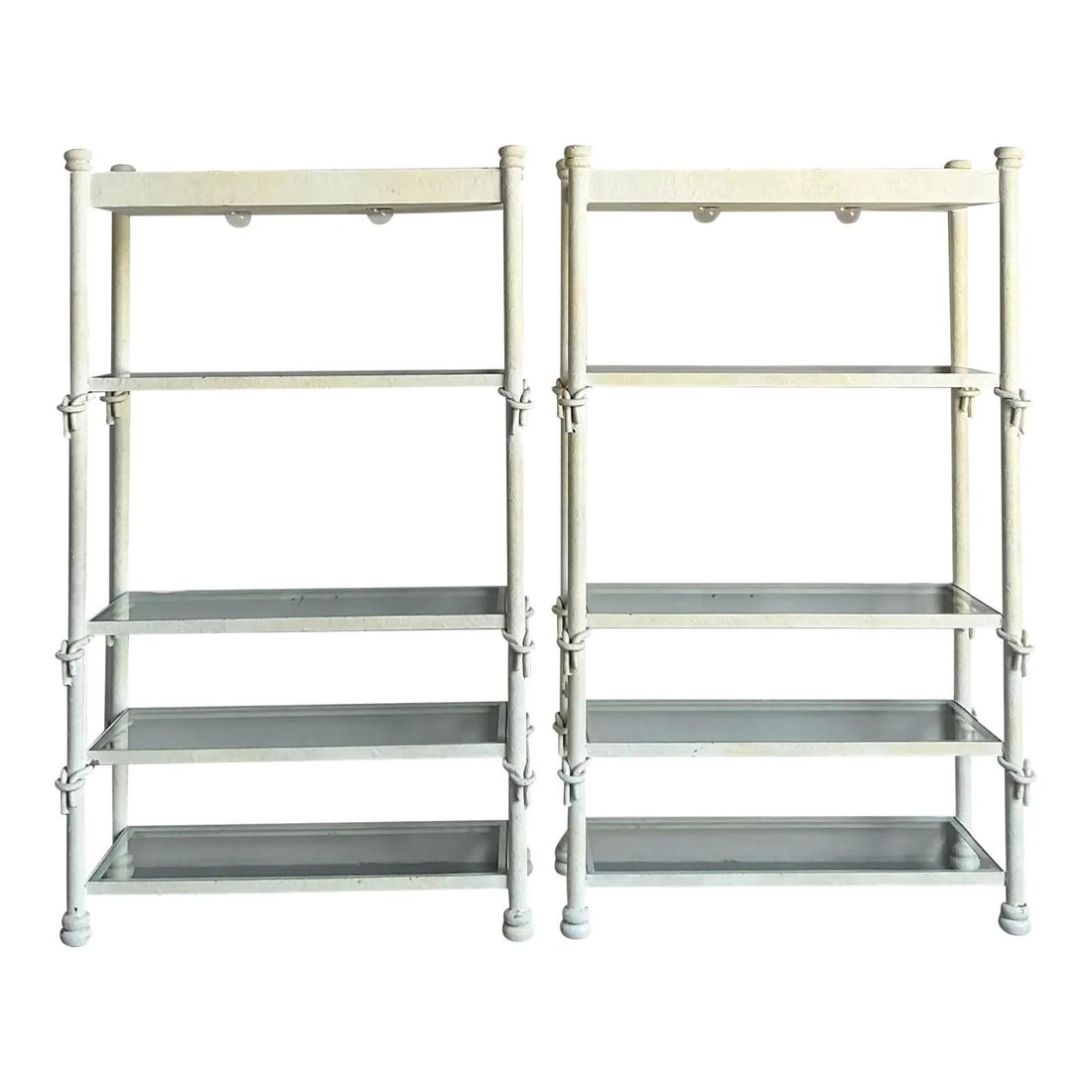Pair of Boho Wrought Iron Knot Detailed Etageres with Glass Shelves: Pair of Boho Wrought Iron Knot Detailed Etageres with Glass Shelves This pair of vintage etageres showcases a distinctive Boho style with robust wrought iron frames featuring decorative knot details f