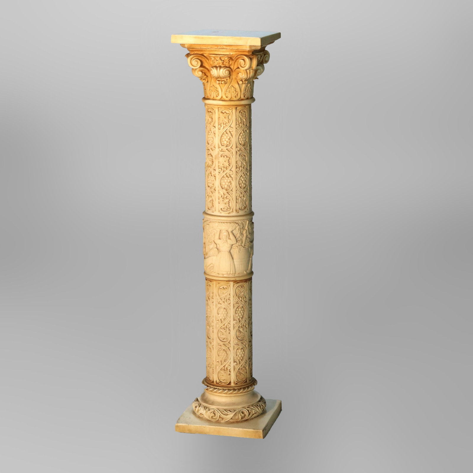 Antique Neoclassical Corinthian Sculpture Stand Resin C1930 40.75": Antique Neoclassical Corinthian Sculpture Stand Resin C1930 40.75" This exquisite Antique Neoclassical Corinthian Style Genre Scene Sculpture Stand, crafted around 1930, is a remarkable piece that emb