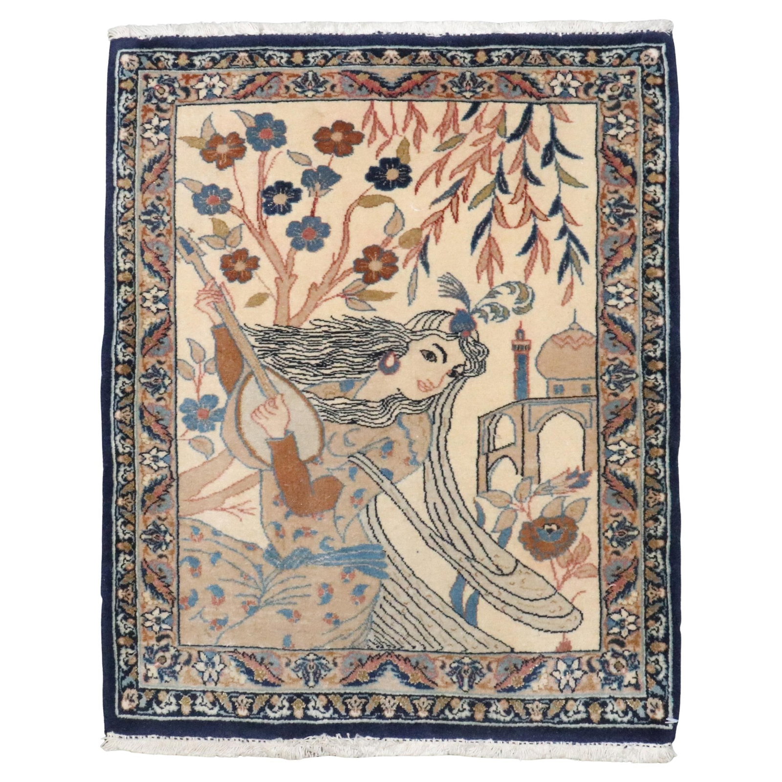 Unique Persian Nain Pictorial Rug Lady with Banjo Mid-20th Century: Unique Persian Nain Pictorial Rug Lady with Banjo Mid-20th Century This exquisite Persian Nain Pictorial Rug, crafted in the mid-20th century, features a charming depiction of a woman playfully playin