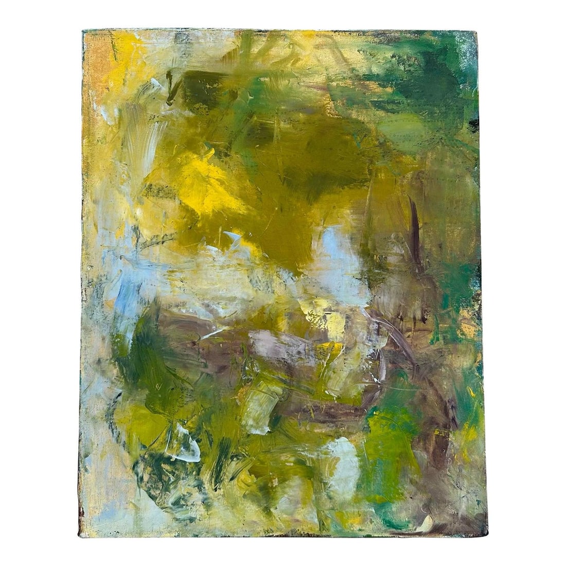 Abstract Expressionist Canvas Painting with Vibrant Boho Color Palette 16 x 20: Abstract Expressionist Canvas Painting with Vibrant Boho Color Palette 16 x 20 This vintage boho abstract oil on canvas features a vibrant blend of yellows, greens, and earthy tones, creating a dynami
