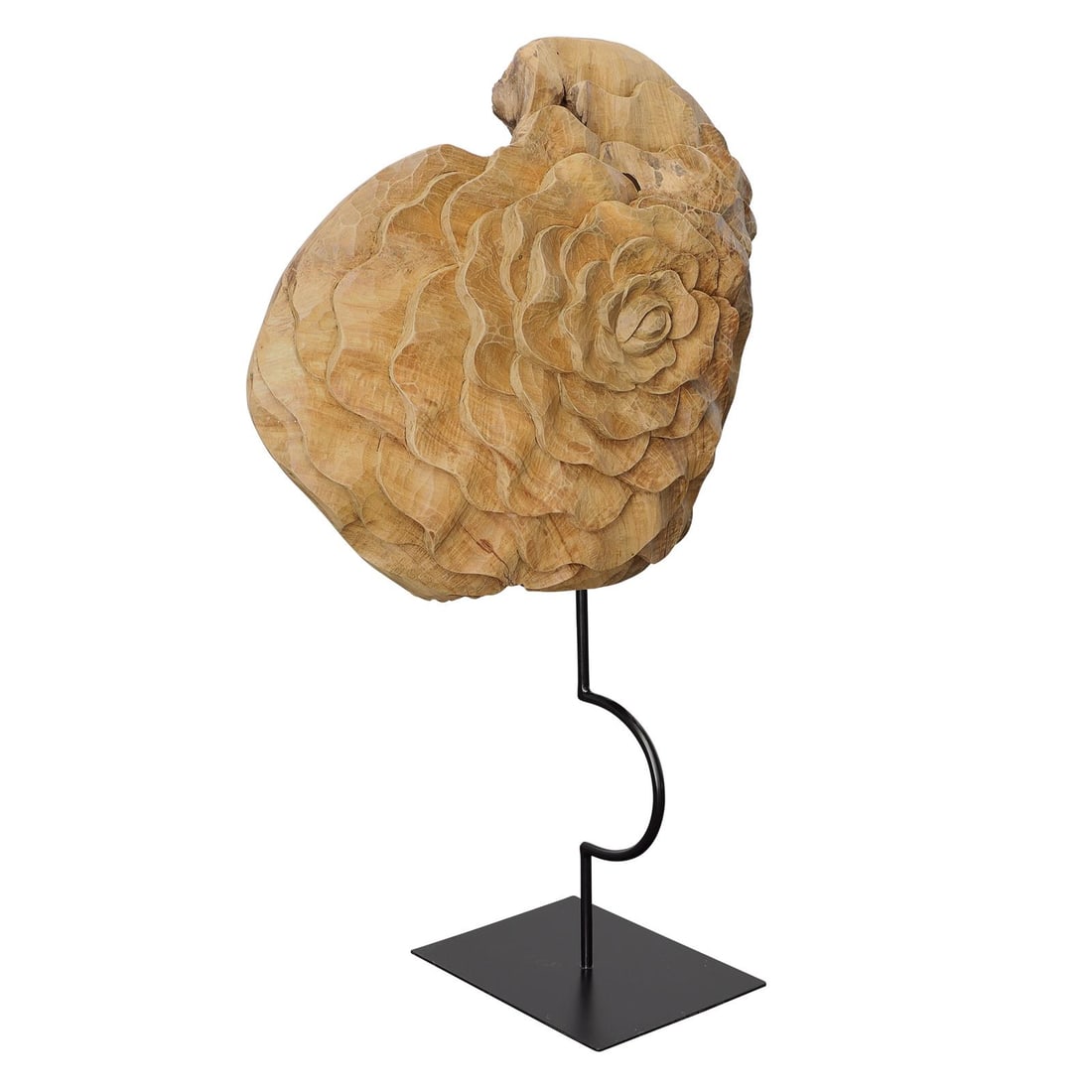 Natural Suar Wood Rose Sculpture on Metal Stand 29.5H: Natural Suar Wood Rose Sculpture on Metal Stand 29.5H This exquisite sculpture features beautifully crafted Suar wood, elegantly displayed on a sturdy metal stand. Its natural sealed finish enhances t