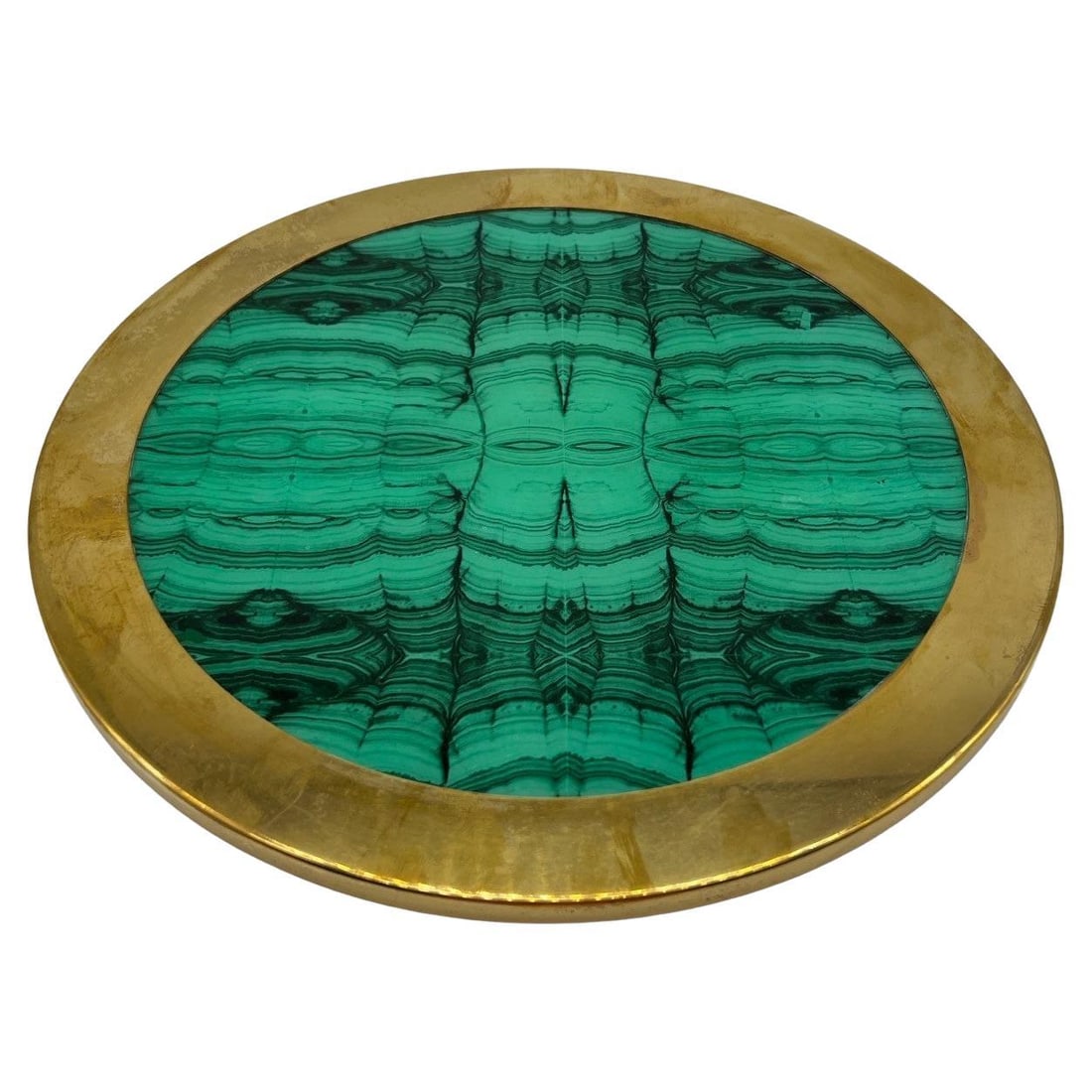 Faux Malachite Brass Rimmed Charger by Carole Stupell Mid Century Modern: Faux Malachite Brass Rimmed Charger by Carole Stupell Mid Century Modern This mid-century modern charger or plateau features a unique faux malachite design with a brass rim. Designed by Carole Stupell
