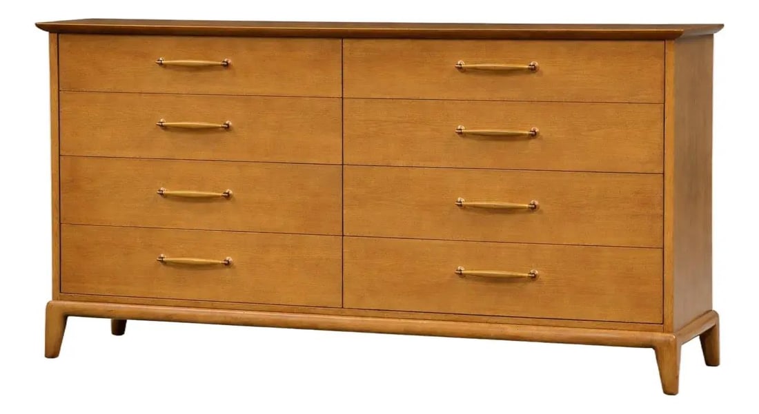 Mid Century Walnut Eight Drawer Dresser by Henredon 60 Inch Wide: Mid Century Walnut Eight Drawer Dresser by Henredon 60 Inch Wide This mid-century modern dresser by Henredon features eight drawers crafted from walnut with its original finish. The piece dates to the
