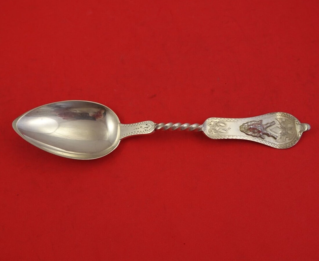 Duhme Saxon Stag Coin Silver Dinner Spoon 7 3/4" Fancy Design: Duhme Saxon Stag Coin Silver Dinner Spoon 7 3/4" Fancy Design This exquisite dinner spoon is part of the Saxon Stag pattern by Duhme, crafted from high-quality Coin Silver (.900). Measuring 7 3/4" in 