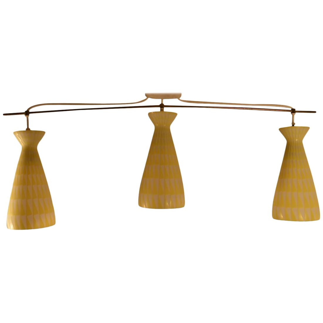 Modernist Brass Three-Light Chandelier with Yellow Glass Shades: Modernist Brass Three-Light Chandelier with Yellow Glass Shades This stunning Modernist Three-Light Fixture offers a contemporary take on the classic billiard light design. It features three elegant g