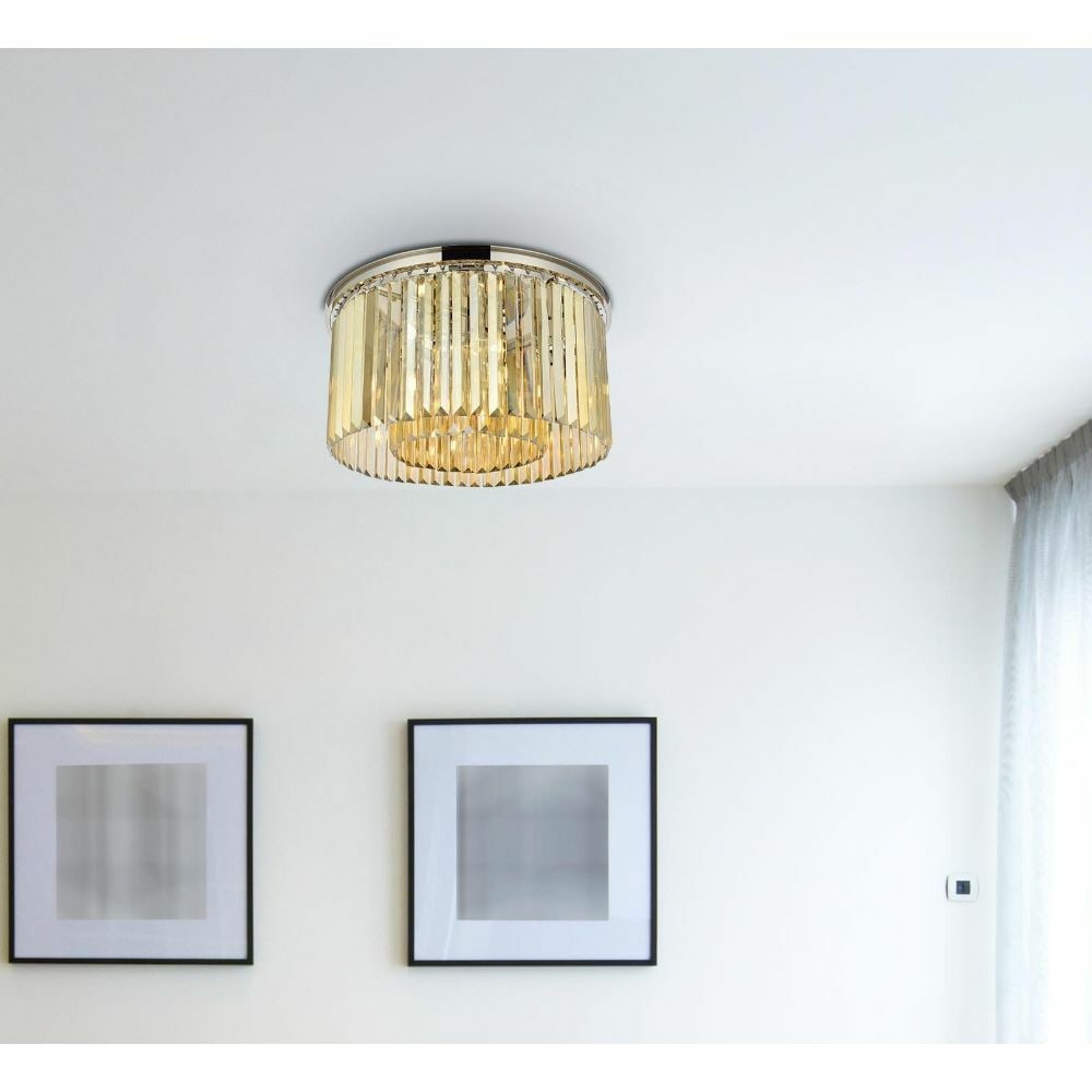 Sydney Collection 8 Light Crystal Chandelier With Polished Nickel and Golden Teak Accents: Sydney Collection 8 Light Crystal Chandelier With Polished Nickel and Golden Teak Accents This contemporary flush mount chandelier features eight lights and is adorned with high-quality golden teak cr