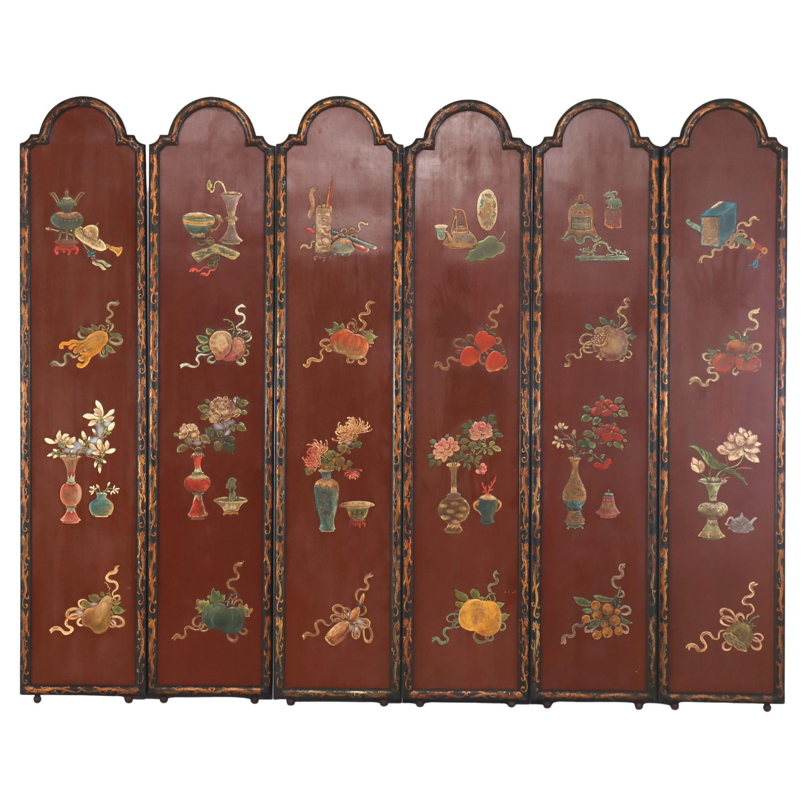 Set of Six Chinese Hand Painted Wood Panels with Metal and Dragon Motifs c1880 (1 of 13)
