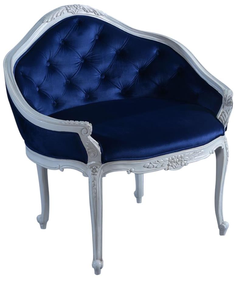 Caroline Louis XVI Settee Blue Velvet Solid Wood: Caroline Louis XVI Settee Blue Velvet Solid Wood Introducing the Elegant Caroline Settee, a stunning piece that embodies vintage charm with its luxurious blue velvet upholstery. This settee features h