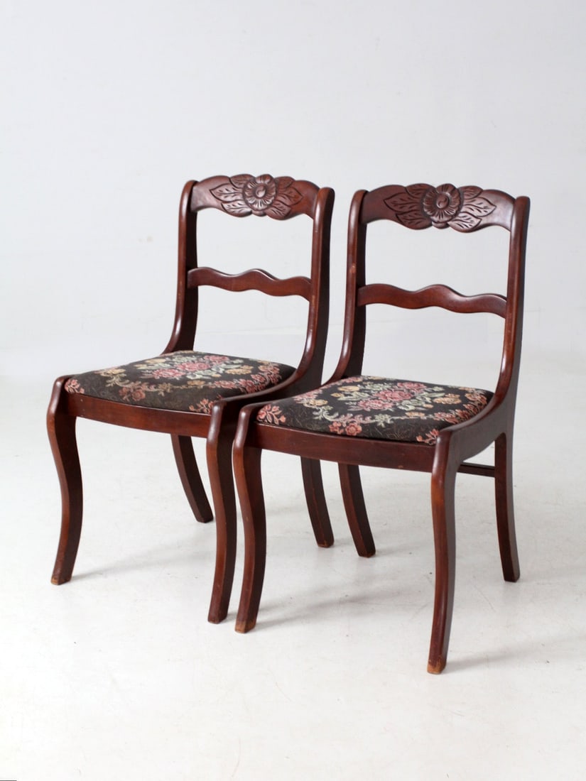 Pair of Colonial Revival Accent Chairs by Tell City: Pair of Colonial Revival Accent Chairs by Tell City This pair of vintage Tell City chairs showcases a classic Colonial Revival style with carved floral crest rails and gently shaped legs. The chairs f