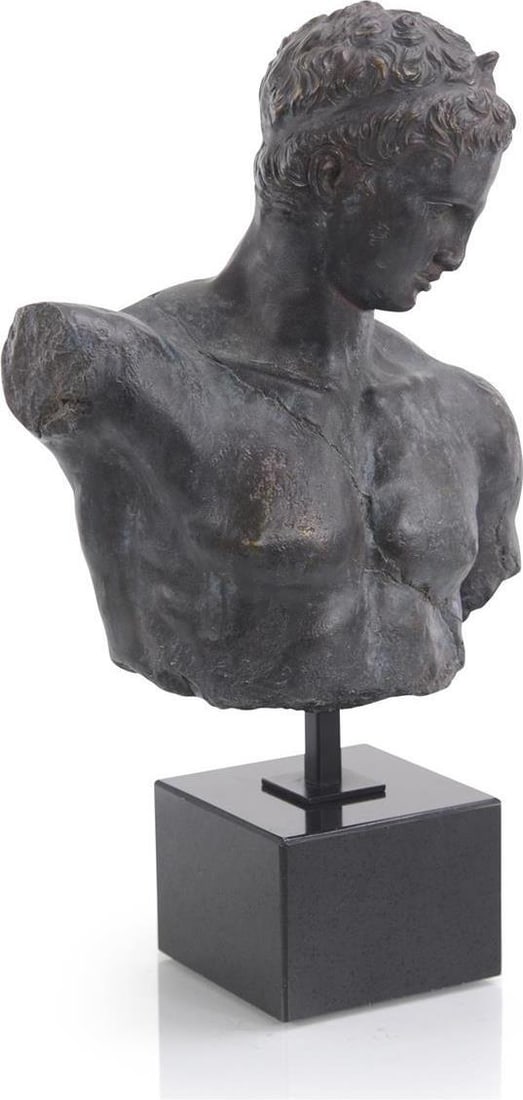 John-Richard Verde-Black Greek Bust Statue Marble Base 20.5in: John-Richard Verde-Black Greek Bust Statue Marble Base 20.5in This striking Verde-Black Greek Bust Statue showcases exquisite craftsmanship and artistry. The statue features a black base with a bronze