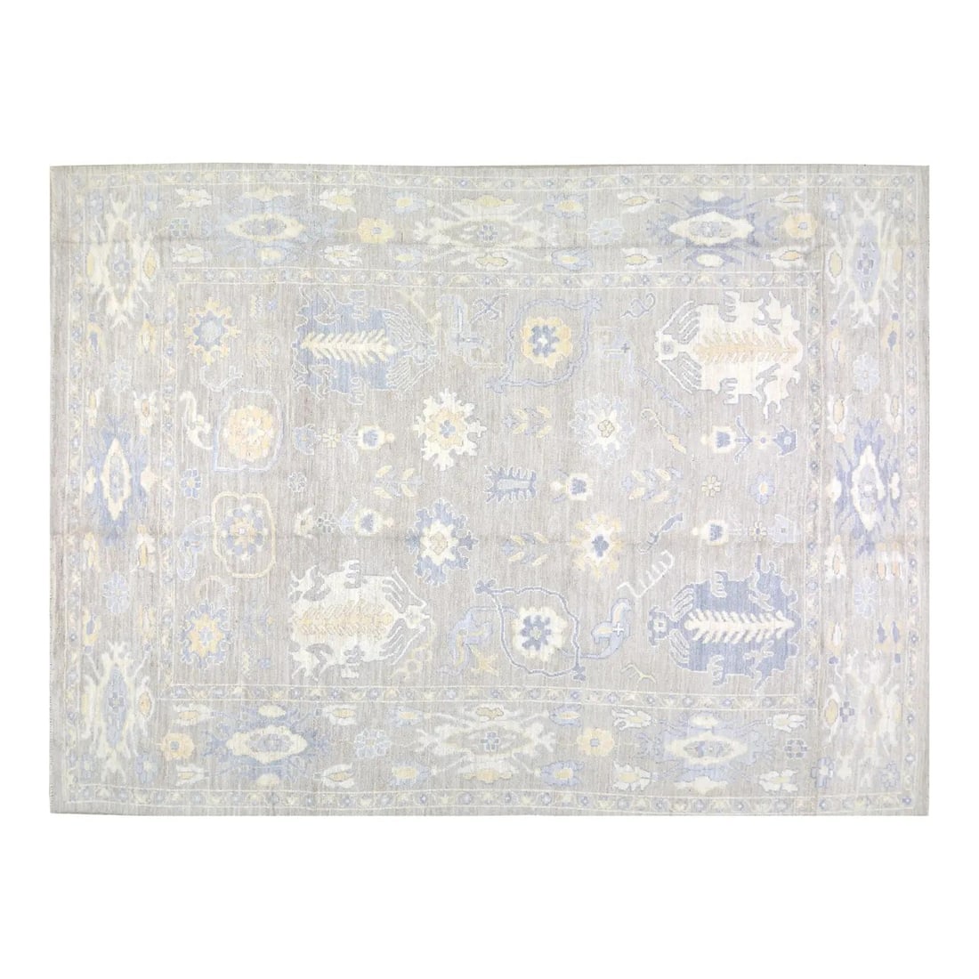 Gray Wool Oushak Area Rug Hand Knotted 7'7 x 10' Turkish Design: Gray Wool Oushak Area Rug Hand Knotted 7'7 x 10' Turkish Design This Turkish Oushak rug is hand-knotted from wool, showcasing traditional craftsmanship paired with a modern design sensibility. Its dur