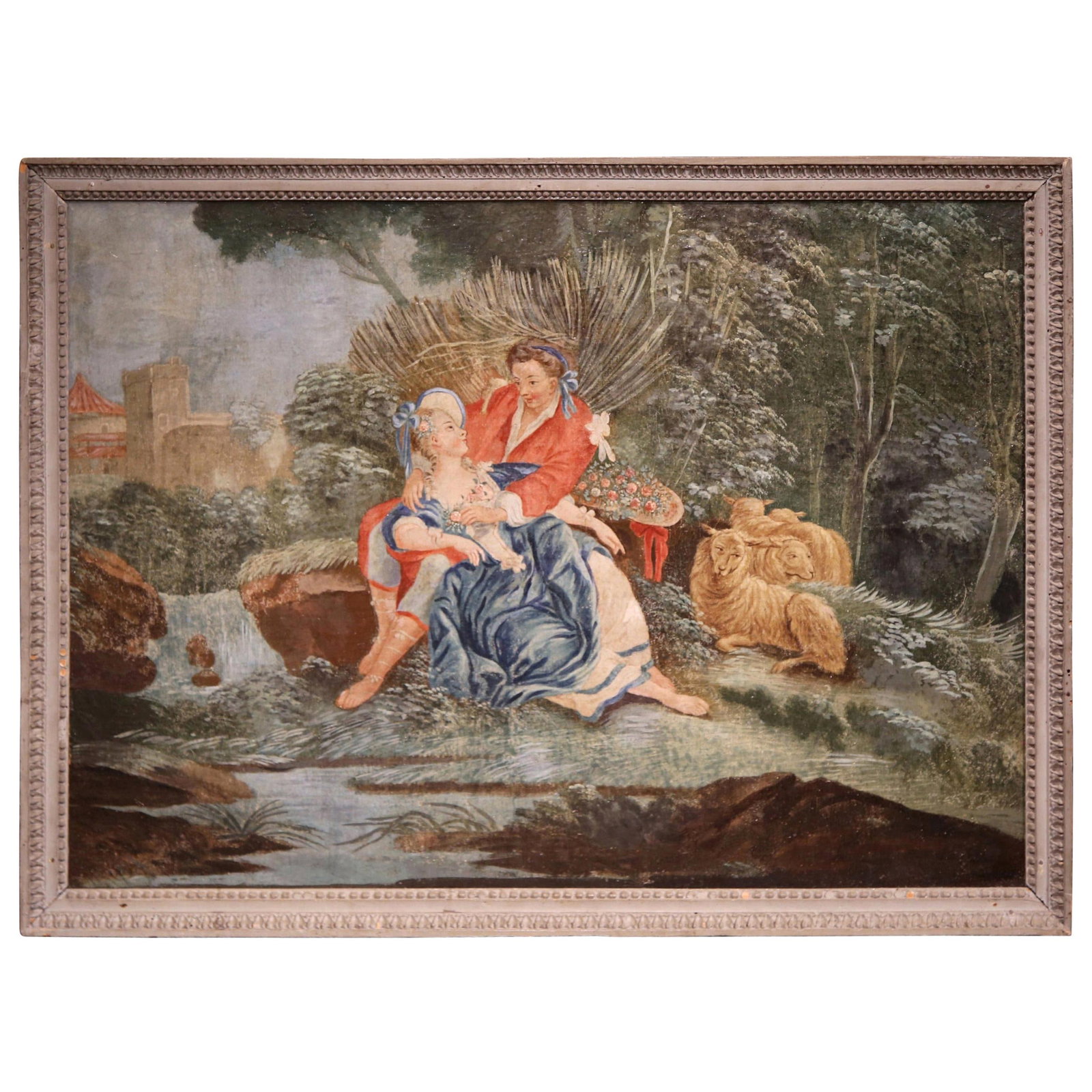 18th Century French Rococo Louis XVI Pastoral Painting with Gray Frame: 18th Century French Rococo Louis XVI Pastoral Painting with Gray Frame This exquisite 18th-century French Rococo painting on canvas, crafted circa 1760, beautifully captures a pastoral courtship scene