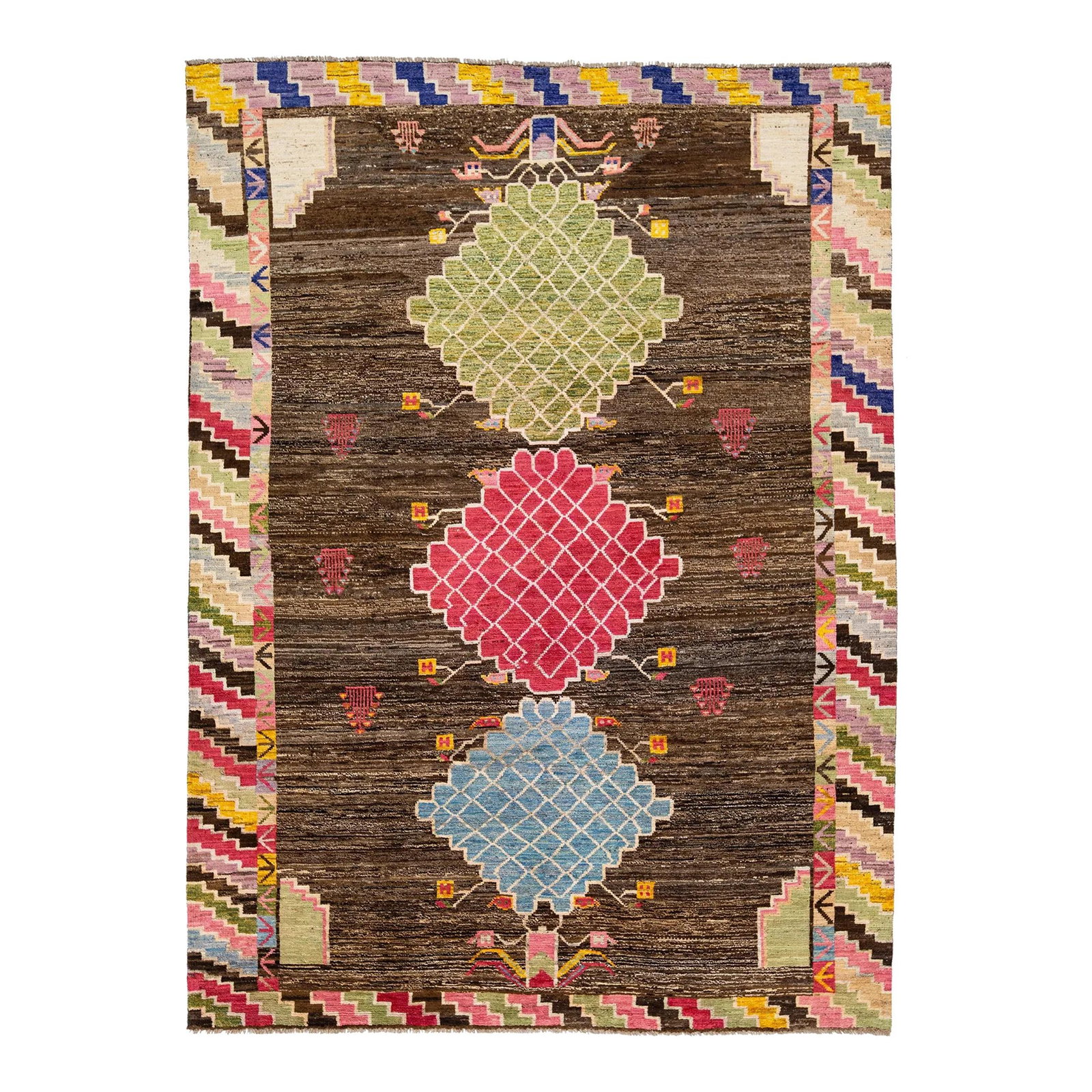 Art Deco Modern Wool Rug 6'11 x 9'4 Brown Blue Design: Art Deco Modern Wool Rug 6'11 x 9'4 Brown Blue Design Elevate your living space with this stunning wool rug that features a modern interpretation of the Art Deco style. The rug showcases a dynamic ble