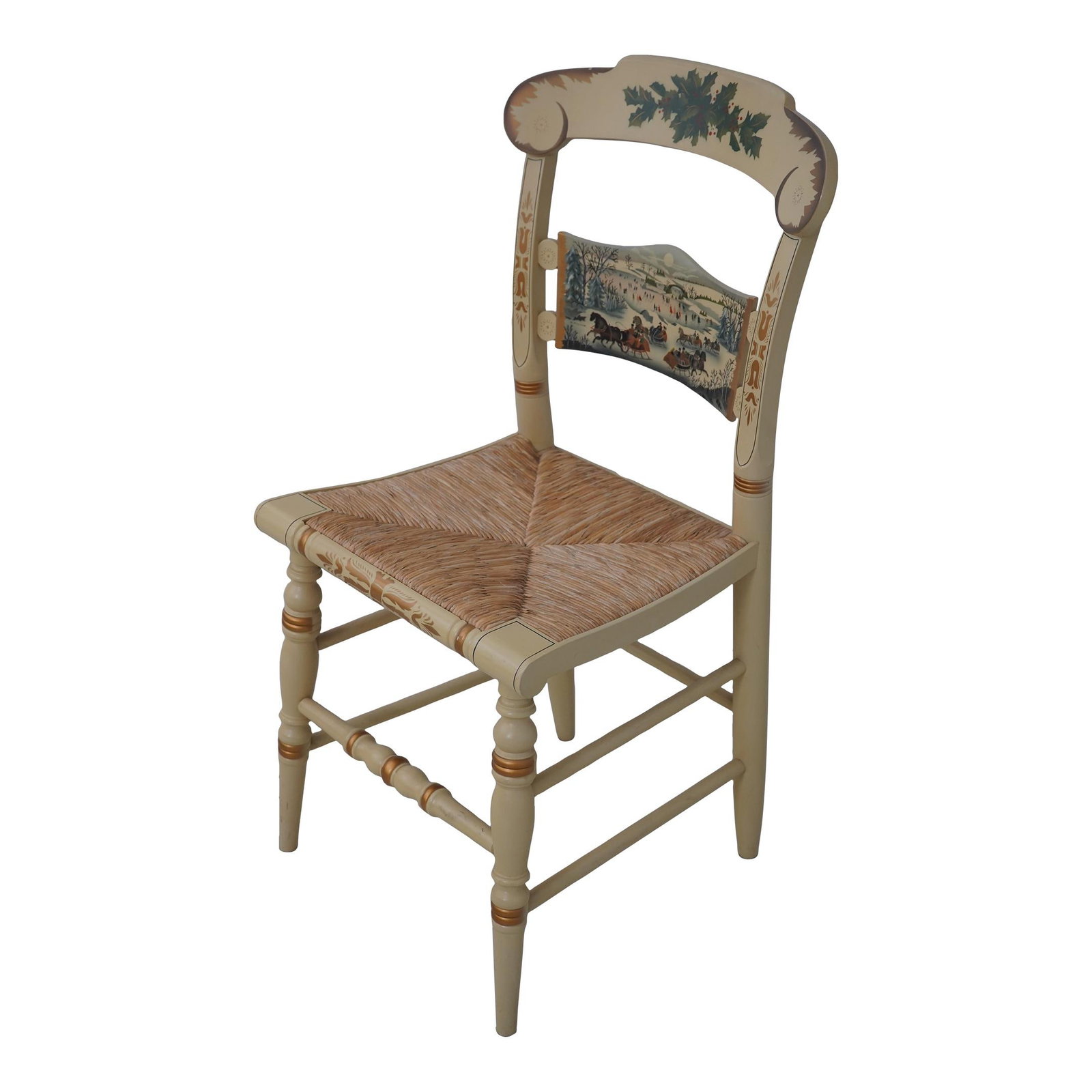 Hitchcock Limited Edition Christmas Side Chair C.1987 Rush Seat White: Hitchcock Limited Edition Christmas Side Chair C.1987 Rush Seat White This limited edition Hitchcock Christmas side chair, dating back to circa 1987, showcases quality construction and a rare model de