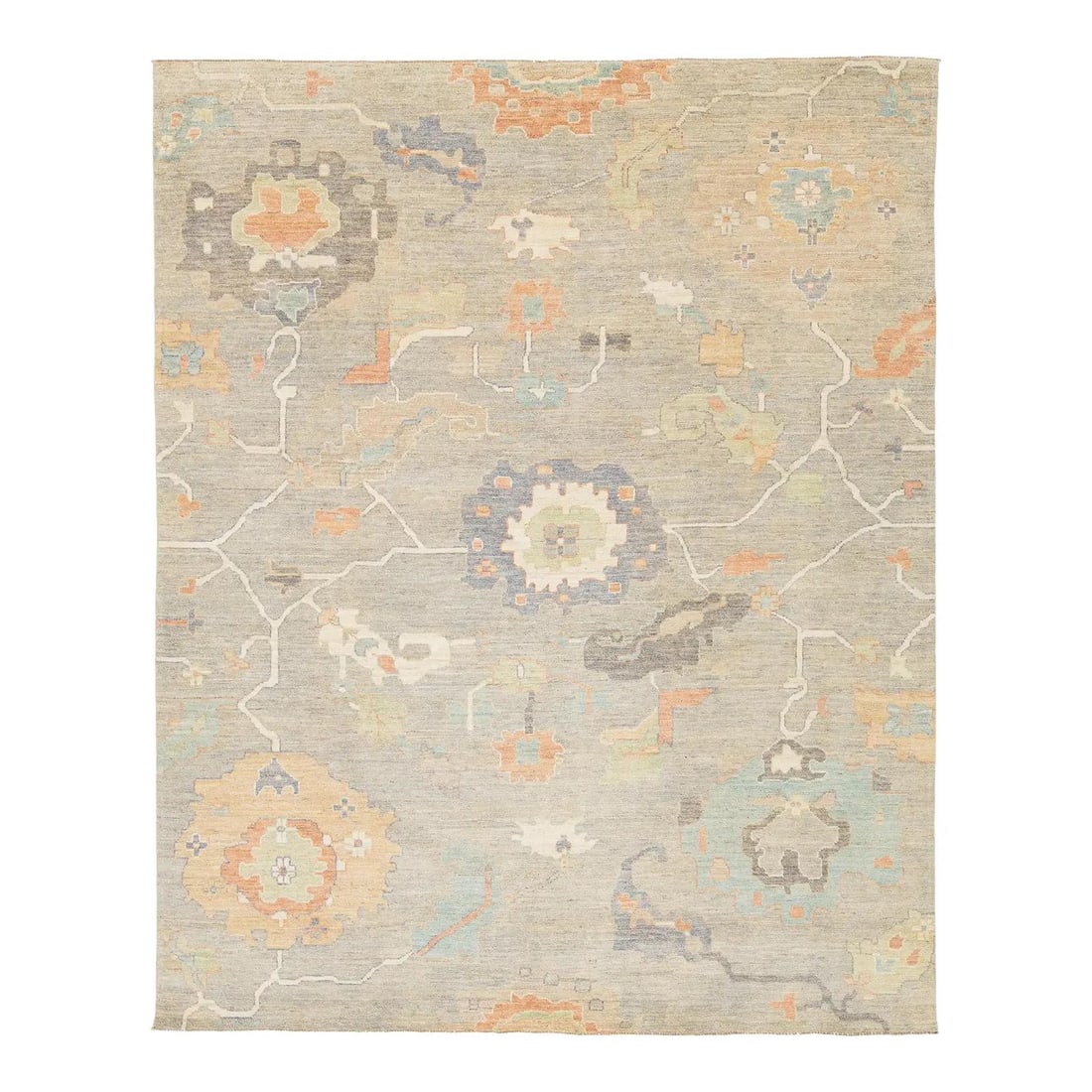 8'1 x 10'1 Hand-Knotted Wool Rug in Modern Oushak Design Sage and Terracotta: 8'1 x 10'1 Hand-Knotted Wool Rug in Modern Oushak Design Sage and Terracotta This modern Oushak-style area rug is hand-knotted from premium wool, featuring a low-pile texture and a soft, erased patina