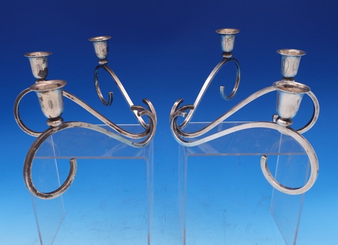 Sciarrotta Handmade Sterling Silver 3-Light Candlestick Pair: Sciarrotta Handmade Sterling Silver 3-Light Candlestick Pair Enhance your dining or living space with this exquisite pair of sterling silver candlesticks from Sciarrotta. Each candlestick features a s