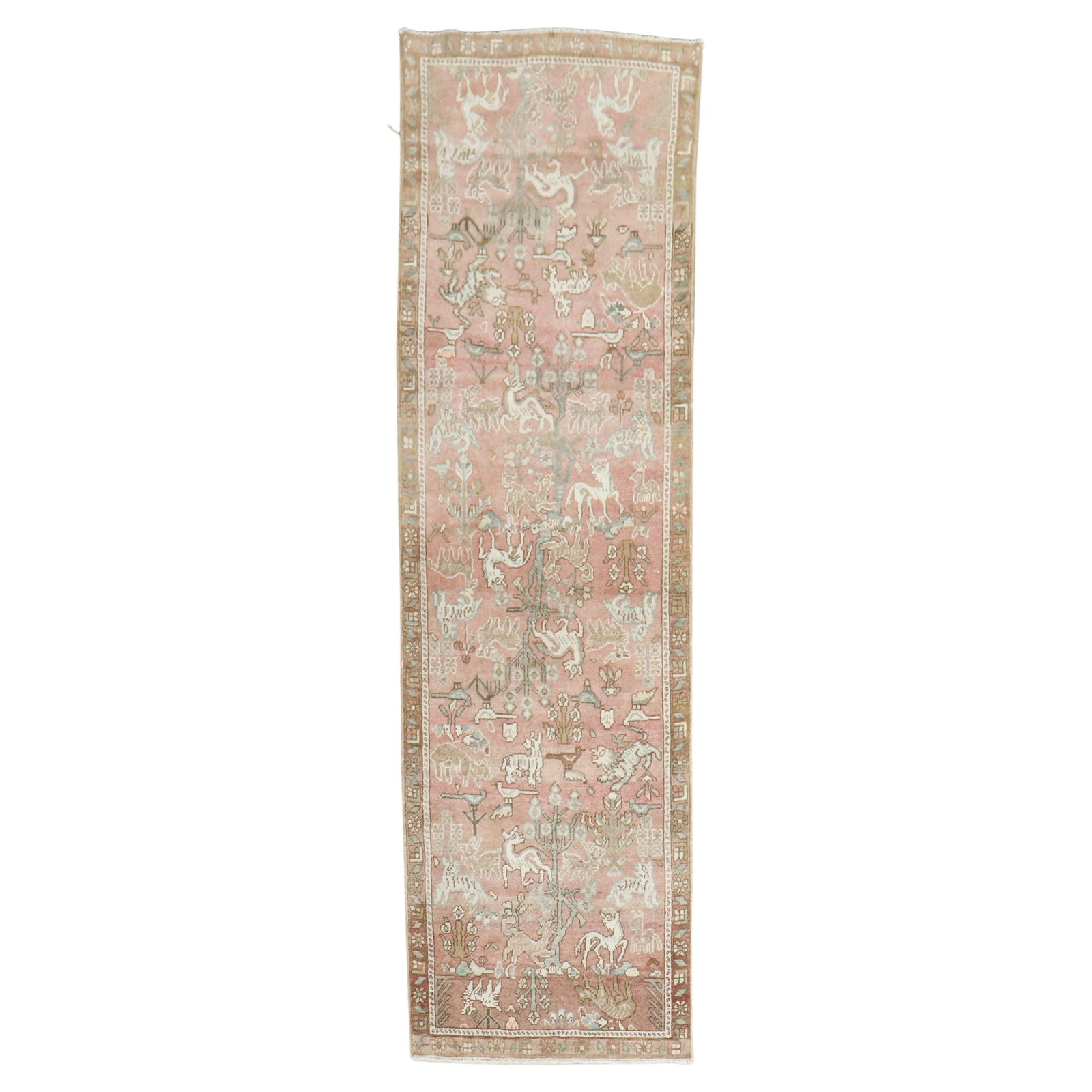 Persian Pink Animal Folk Art Wool Runner Rug 33 x 116 Inch (1 of 9)