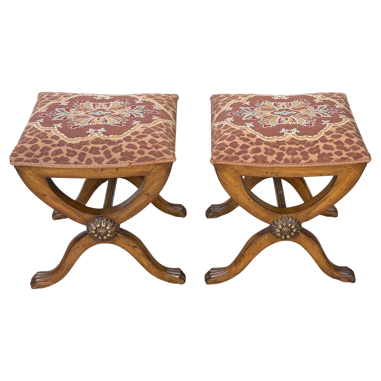 Set of Two Italian Fruitwood Neoclassical Curule Benches Late 20th Century (1 of 14)