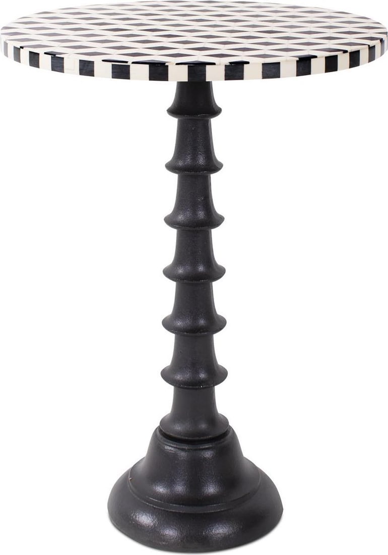 Howard Elliott Columbina Round Aluminum Table Black White Matte Finish: Howard Elliott Columbina Round Aluminum Table Black White Matte Finish Introducing the Chic Black & White Aluminum Columbina Table, a stylish and functional addition to your home decor. This round inl