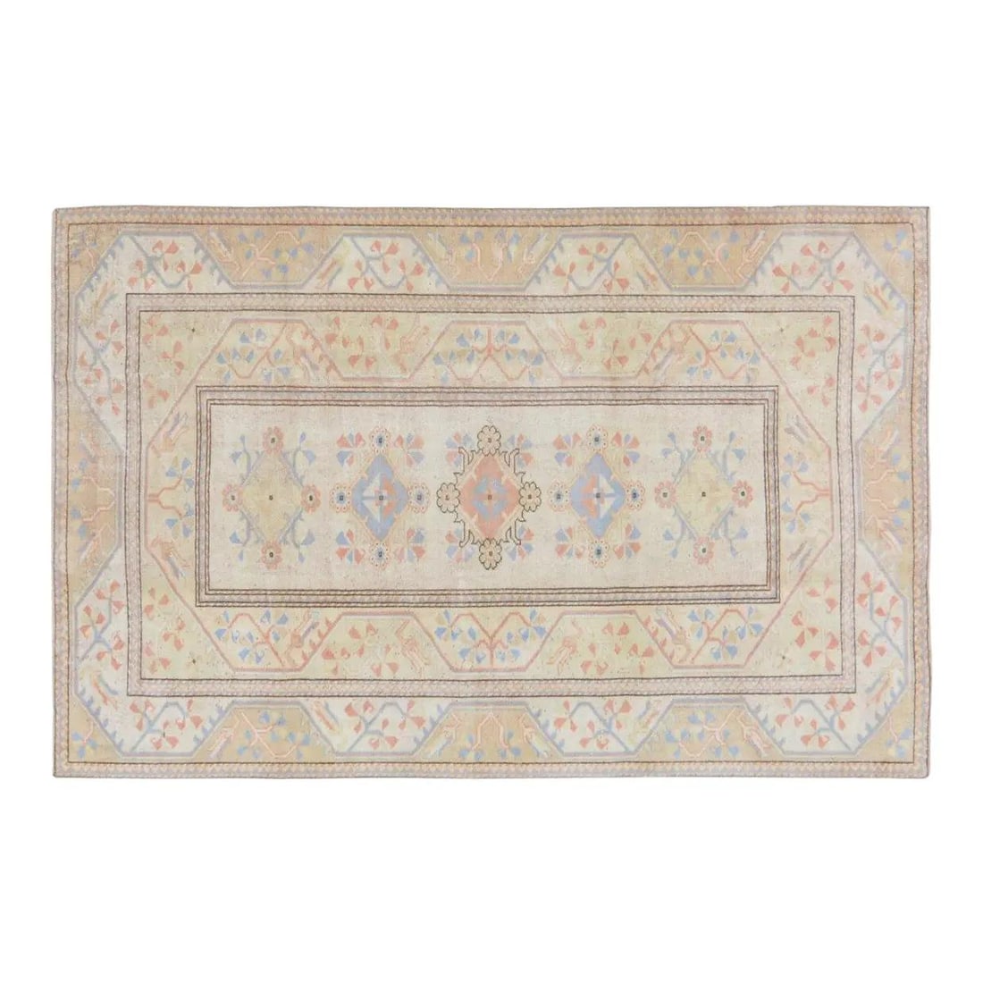 Handmade Wool Anatolian Area Rug in Tan 5'x6'8": Handmade Wool Anatolian Area Rug in Tan 5'x6'8" This vintage Turkish Anatolian rug is hand-knotted from wool, combining traditional craftsmanship with a modern design sensibility. Its soft texture and