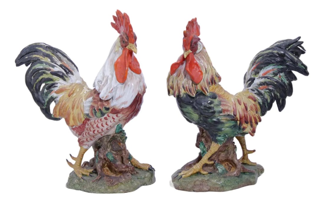 Signed Italian Majolica Porcelain Rooster Figures by Corbet Pair (1 of 10)
