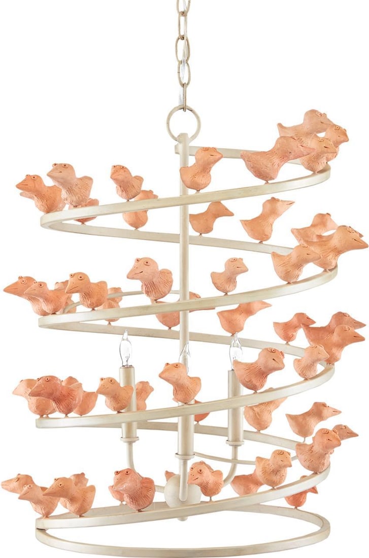 Currey Adarna Wrought Iron Chandelier with Terracotta Birds: Currey Adarna Wrought Iron Chandelier with Terracotta Birds Illuminate your space with this stunning wrought iron chandelier featuring beautifully crafted terracotta birds. This bowl chandelier, part 