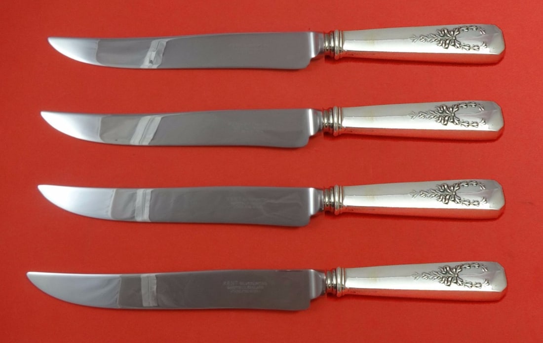 Whiting Madam Jumel Sterling Silver Steak Knife Set 4pc Texas Size: Whiting Madam Jumel Sterling Silver Steak Knife Set 4pc Texas Size Introducing the Madam Jumel by Whiting Sterling Silver Steak Knife Set, a stunning 4-piece collection designed for those who apprecia