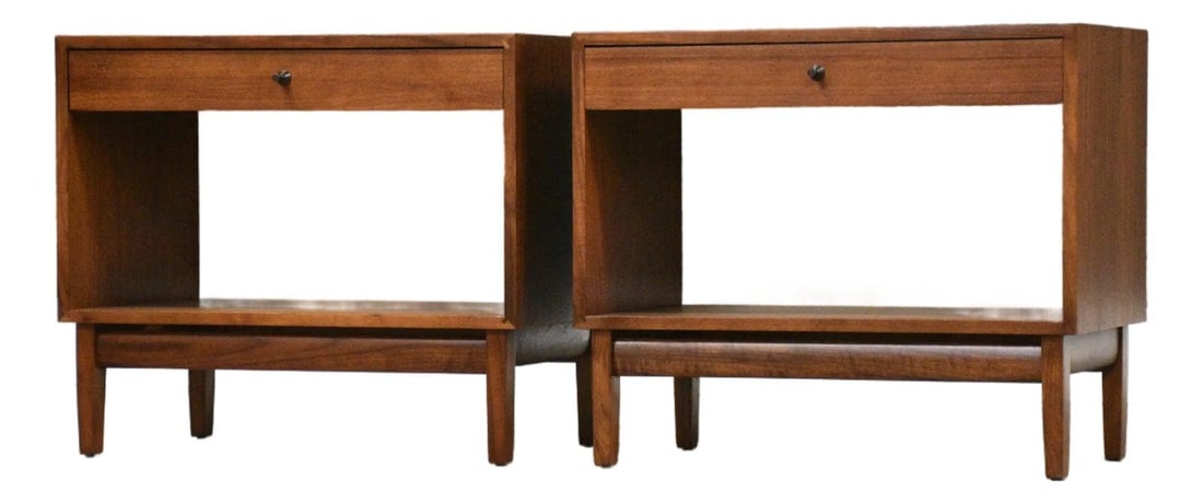 Pair of Mid Century Walnut Nightstands by Kipp Stewart for Directional: Pair of Mid Century Walnut Nightstands by Kipp Stewart for Directional This pair of mid-century modern nightstands was designed by Kipp Stewart for Directional by Calvin. Expertly refinished, these wa