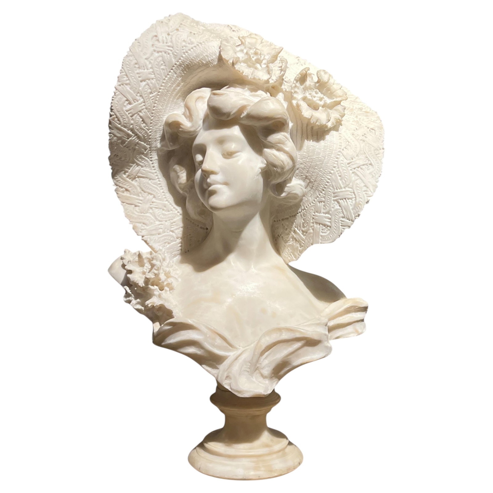 Late 19th Century Italian Alabaster Woman Bust Signed A Cipriani: Late 19th Century Italian Alabaster Woman Bust Signed A Cipriani This antique Italian bust, crafted circa 1890, depicts a female beauty in a lace hat and is finely carved from alabaster stone. Attribu