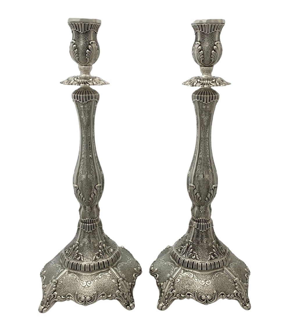 Handmade 925 Sterling Silver Leaf Applique Chased Swirl Candlesticks 17 Inches (1 of 4)