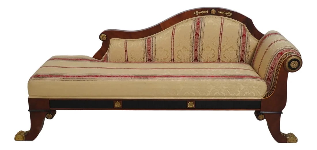 Empire Style Mahogany Chaise with Brass and Inlay Detailing: Empire Style Mahogany Chaise with Brass and Inlay Detailing This Versace Gigasso Empire style chaise recamier features finely carved mahogany construction with brass capped paw feet and solid brass ha