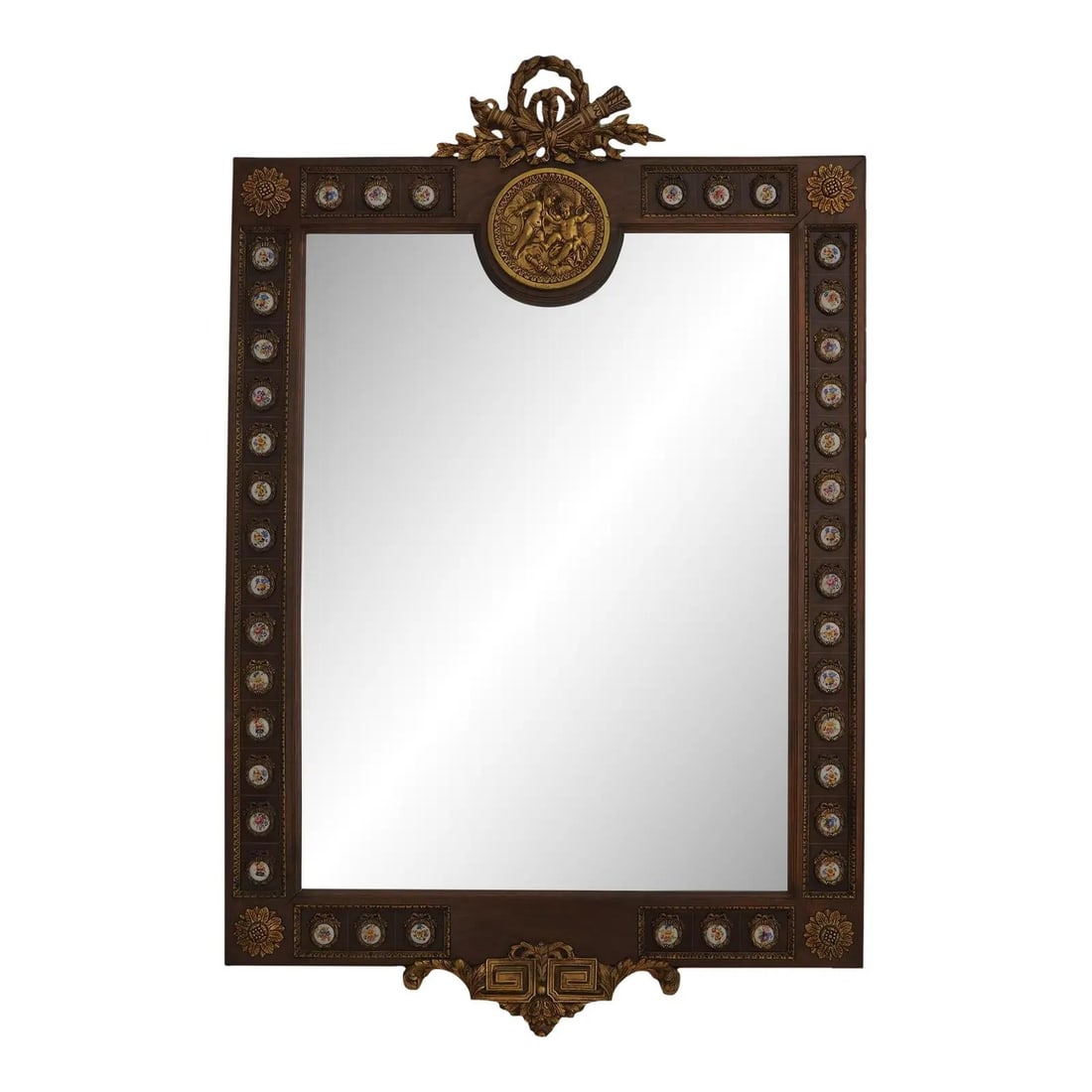 Elegant French Louis XV Bronze Porcelain Mirror 30.5 x 47: Elegant French Louis XV Bronze Porcelain Mirror 30.5 x 47 This exquisite French Louis XV mirror features a beautifully designed frame crafted with quality bronze mounts and intricate trimwork. The fra