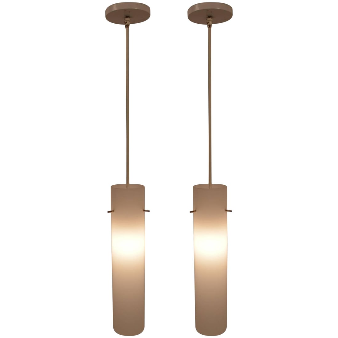 Modernist Minimalist Pair of Wine Plastic Hanging Lights: Modernist Minimalist Pair of Wine Plastic Hanging Lights Elevate your space with this stylish pair of tubular plastic hanging lights, featuring a modernist minimalist design. Each fixture is supported