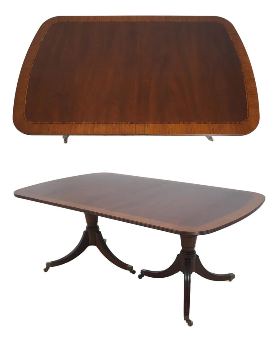 Mahogany Double Pedestal Dining Table With Satinwood Inlay by Bill Sofield: Mahogany Double Pedestal Dining Table With Satinwood Inlay by Bill Sofield This Baker Bill Sofield dining table features Georgian-style design crafted from mahogany with elegant inlay work and satinwo