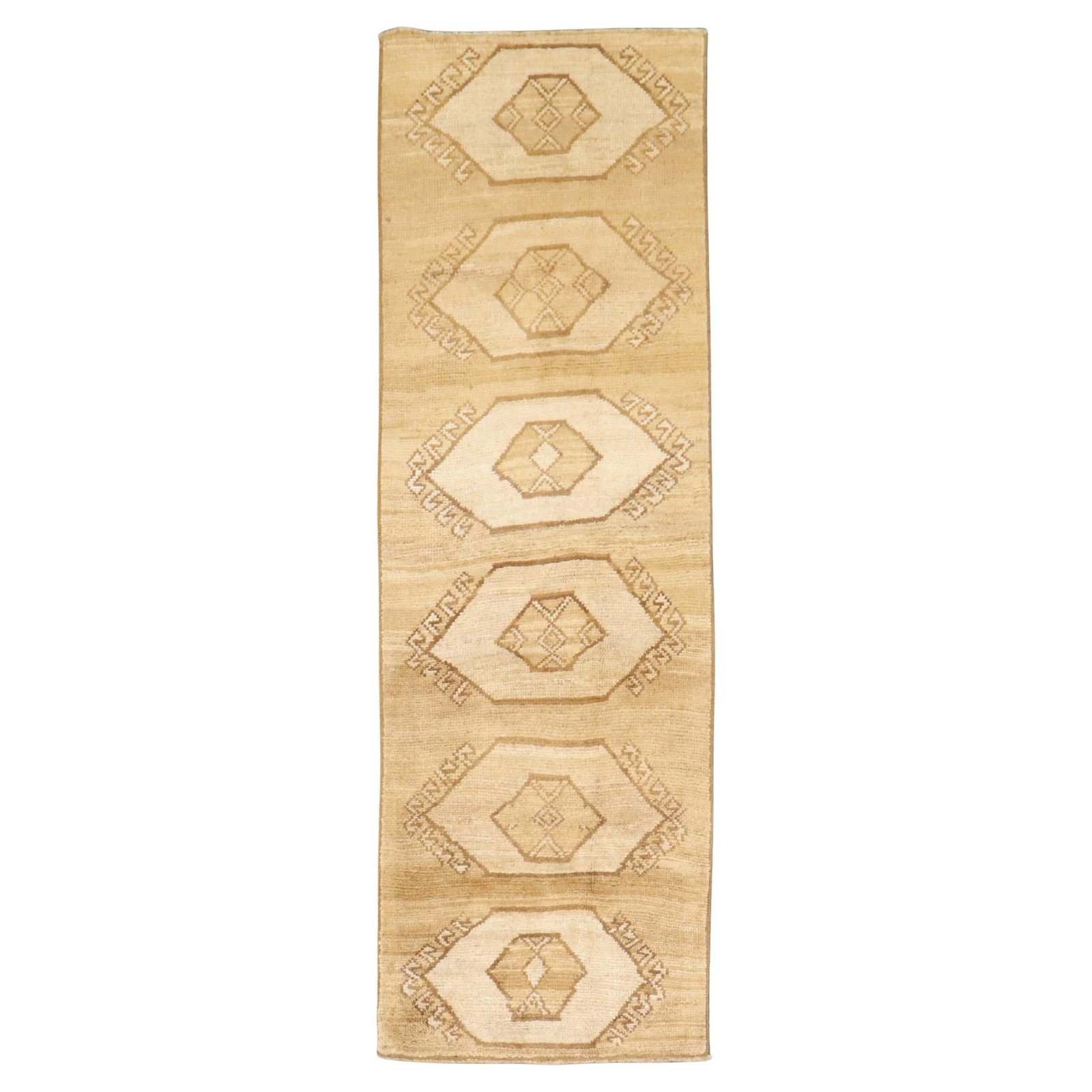 Mid 20th Century Zabihi Turkish Runner Geometric Tribal Wool 31x94: Mid 20th Century Zabihi Turkish Runner Geometric Tribal Wool 31x94 Introducing a stunning mid 20th century Turkish runner from the Zabihi Collection, showcasing a beautiful geometric tribal design. Ha