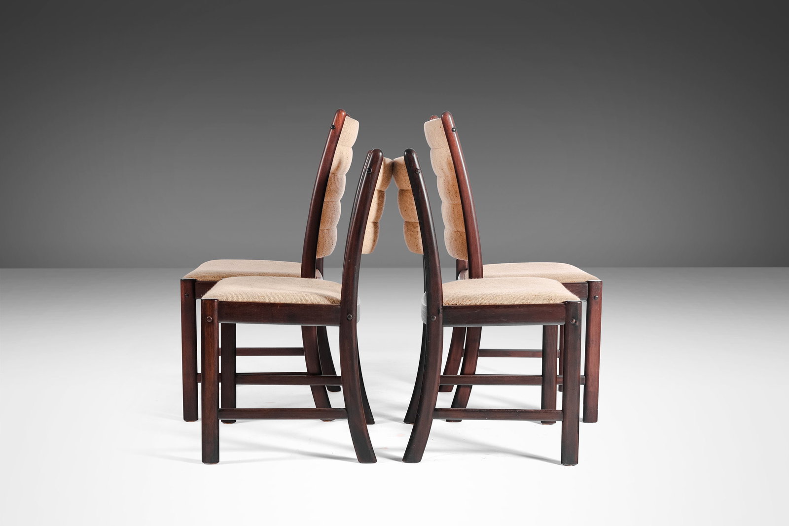 Danish Modern Dining Chairs Set of 4 Afromosia 1970s Knit Fabric: Danish Modern Dining Chairs Set of 4 Afromosia 1970s Knit Fabric This set of four Danish Modern dining chairs, crafted from afromosia wood and featuring original knit fabric upholstery, embodies the e