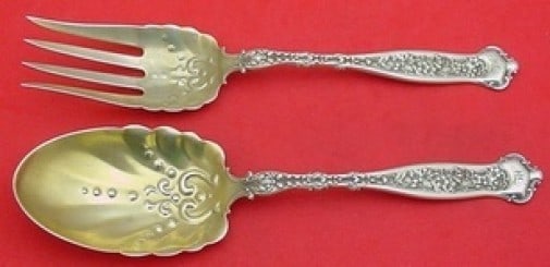 Whiting Dresden Sterling Silver Gold Washed 2pc Salad Serving Set 9in: Whiting Dresden Sterling Silver Gold Washed 2pc Salad Serving Set 9in This exquisite 2-piece salad serving set features the elegant Dresden pattern by Whiting, crafted from sterling silver with a luxu