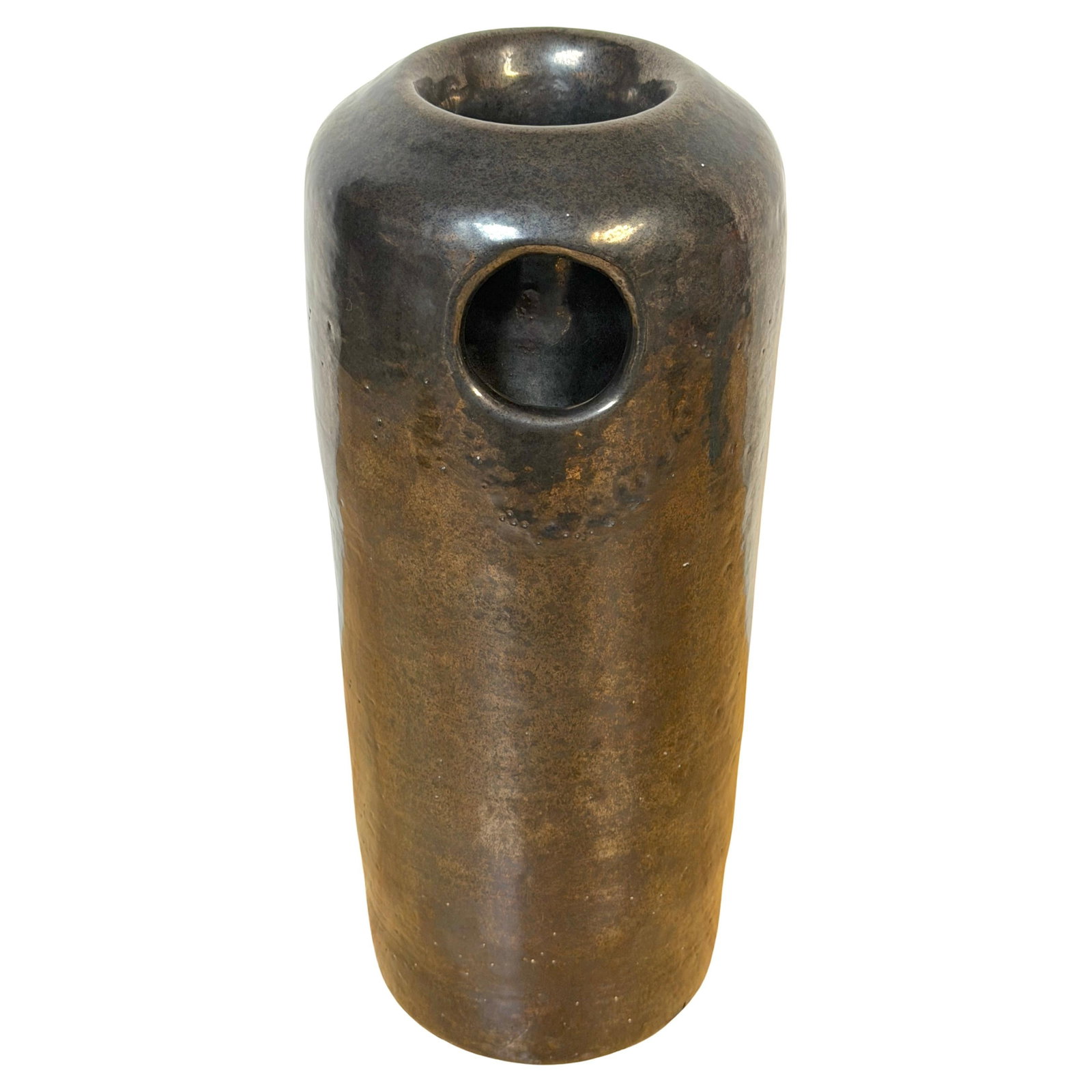Modern Black Glazed Pottery Vase with Pierced Openings Signed AL: Modern Black Glazed Pottery Vase with Pierced Openings Signed AL This large studio pottery vase features a monochrome black glaze with subtle charcoal and bronze undertones, showcasing hand-crafted ar