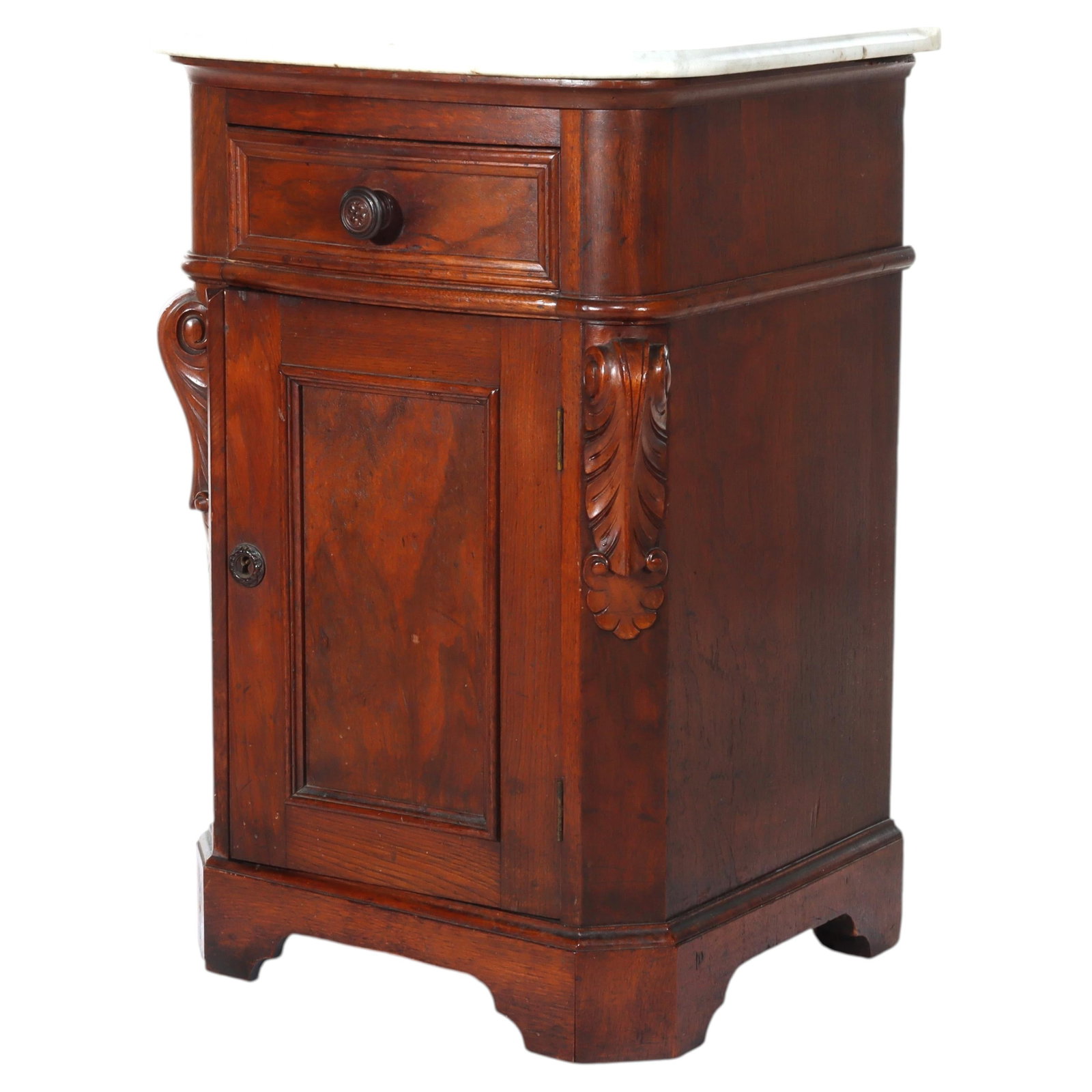 Late 19th Century Rosewood Marble Top Renaissance Revival Small Commode: Late 19th Century Rosewood Marble Top Renaissance Revival Small Commode This antique Renaissance Revival commode from circa 1890 is crafted from rich rosewood and features a white marble top. The piec