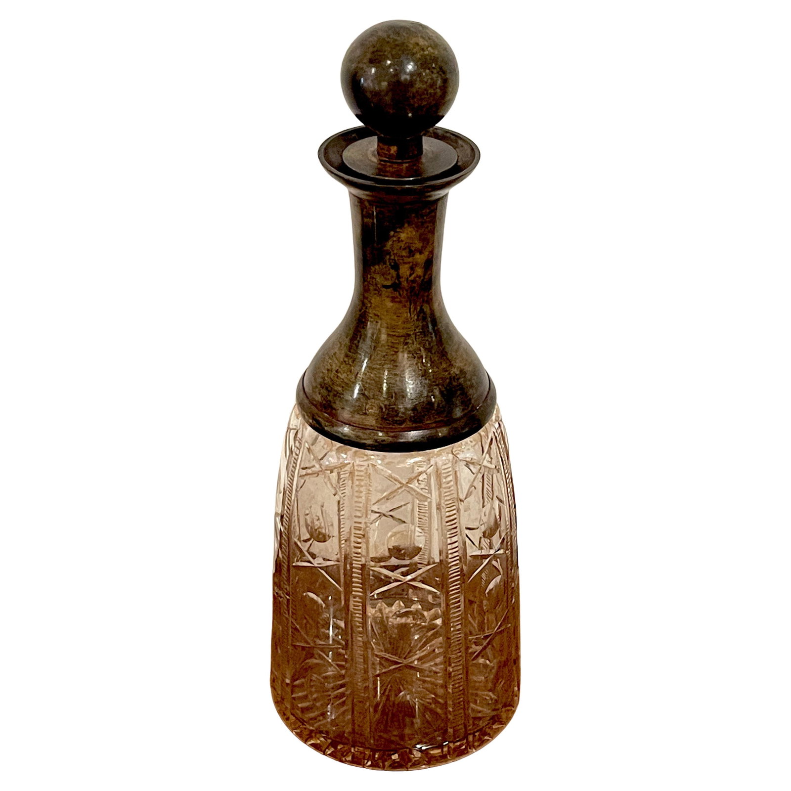 French Modern Patinated Bronze X&O Cut Glass Decanter 12 Inch: French Modern Patinated Bronze X&O Cut Glass Decanter 12 Inch This striking French modern decanter features a captivating design, combining patinated bronze and exquisite 'X&O' cut glass. Standing 12 