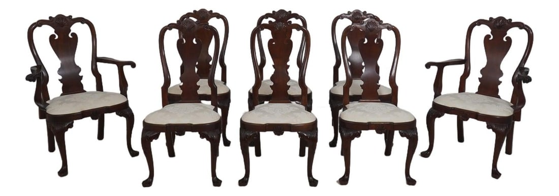 Eight Mahogany Dining Chairs Colonial Williamsburg Trifid Feet by Stickley Set of 8: Eight Mahogany Dining Chairs Colonial Williamsburg Trifid Feet by Stickley Set of 8 This set includes eight Stickley Colonial Williamsburg dining room chairs crafted from solid mahogany. Featuring tra