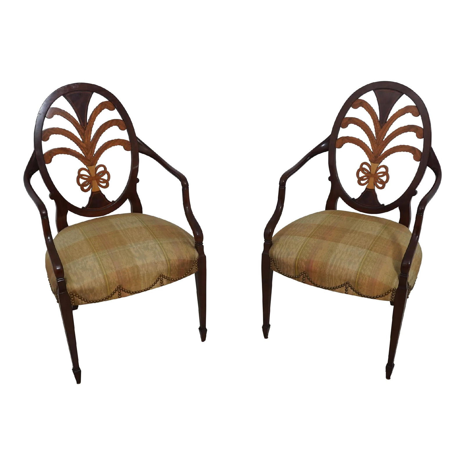 Exquisite Karges Hepplewhite Plume Carved Armchairs in Satinwood: Exquisite Karges Hepplewhite Plume Carved Armchairs in Satinwood This elegant pair of Karges Hepplewhite armchairs features exquisite plume-carved backs and high-quality satinwood construction. Design
