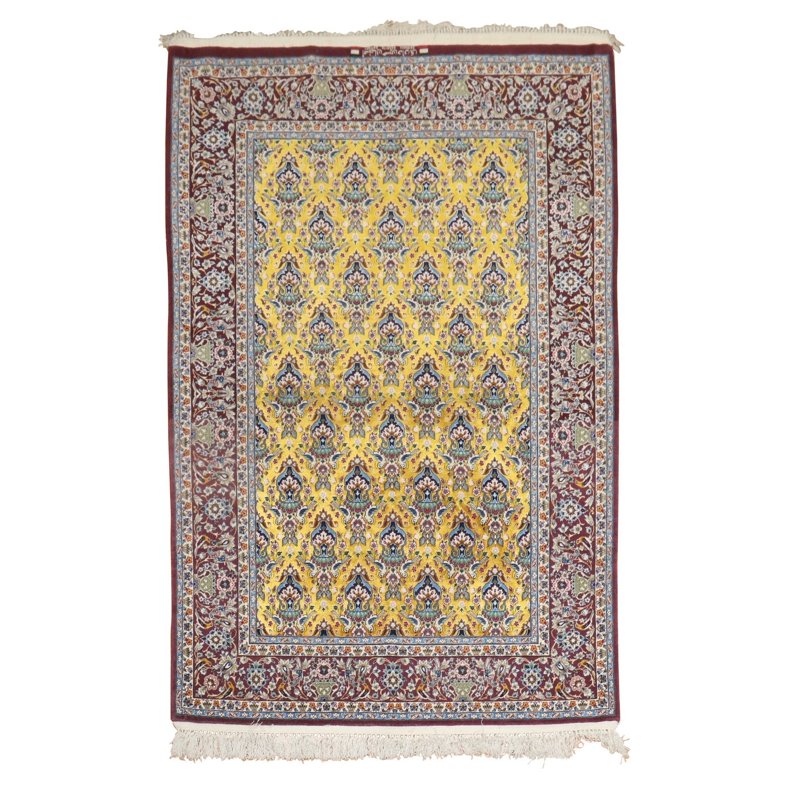 Mid-20th Century Persian Isfahan Tabriz Style Hand-Woven Carpet: Mid-20th Century Persian Isfahan Tabriz Style Hand-Woven Carpet Enhance your living space with this exquisite Persian Isfahan Part Silk Carpet, a stunning example of mid-20th century craftsmanship. Th