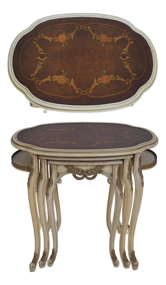 Set of French Style Painted Wood Inlaid Nesting Tables with Carved Accents: Set of French Style Painted Wood Inlaid Nesting Tables with Carved Accents This set of vintage French Louis XIV style nesting tables dates to the 1950s and features finely carved details with an off-w