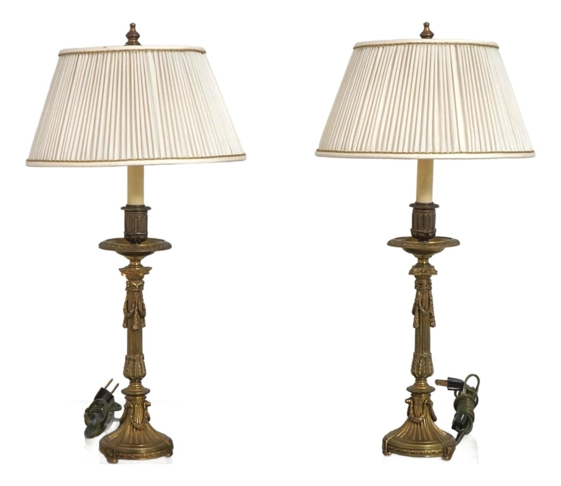 Pair of Late 19th Century French Gilt Bronze Table Lamps: Pair of Late 19th Century French Gilt Bronze Table Lamps This pair of late 19th century French table lamps features high-quality gilt bronze construction. Originally crafted as candlesticks dating fro