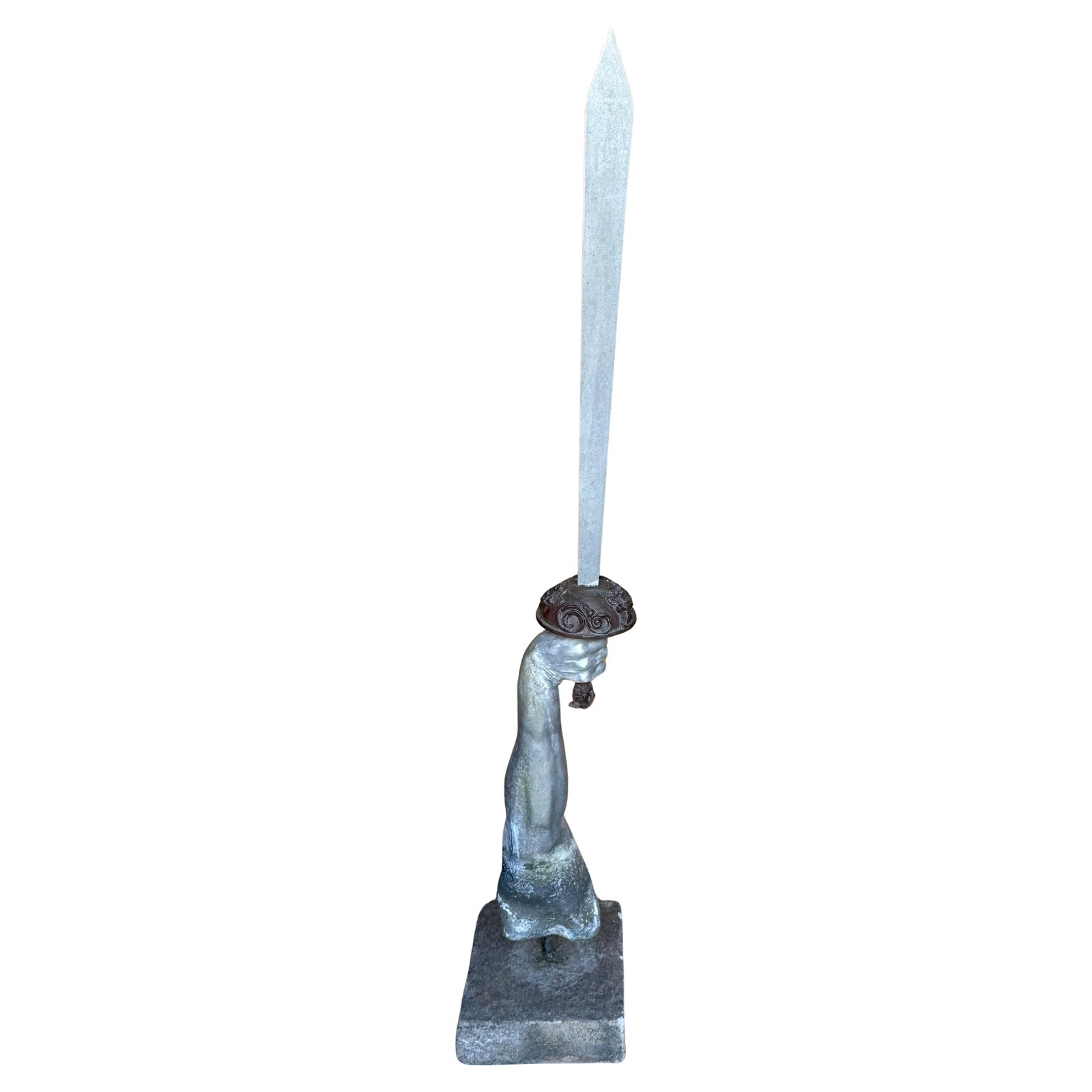 Renaissance Excalibur Sword Garden Statue 78in Bronze Steel England 1900s: Renaissance Excalibur Sword Garden Statue 78in Bronze Steel England 1900s Presenting a monumental 'Excalibur Sword' garden statue, a stunning piece embodying Renaissance artistry from England, circa 1