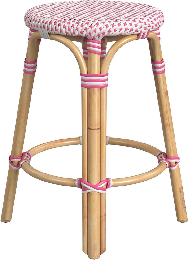 Butler Tobias Round Pink Dot Counter Stool for Modern Coastal Homes: Butler Tobias Round Pink Dot Counter Stool for Modern Coastal Homes Introducing the Playful Pink Dot Counter Stool, a delightful addition to modern homes. This stylish stool features a natural rattan 