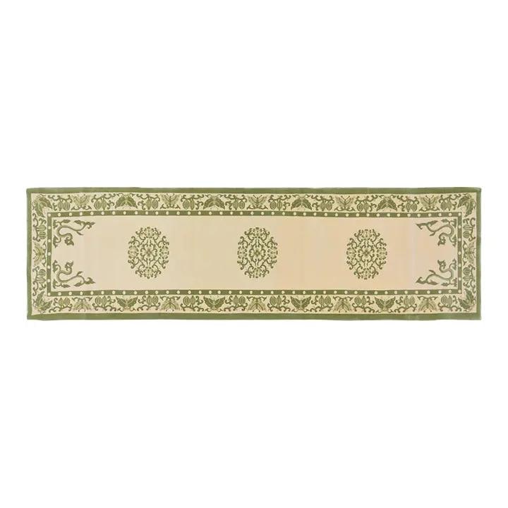 Chinese Art Deco Olive Wool Hand-Knotted Rug 3'7'' x 14'1'': Chinese Art Deco Olive Wool Hand-Knotted Rug 3'7'' x 14'1'' This vintage Chinese Art Deco rug is hand-knotted from wool using traditional techniques. Its olive color and rich texture offer a unique bl