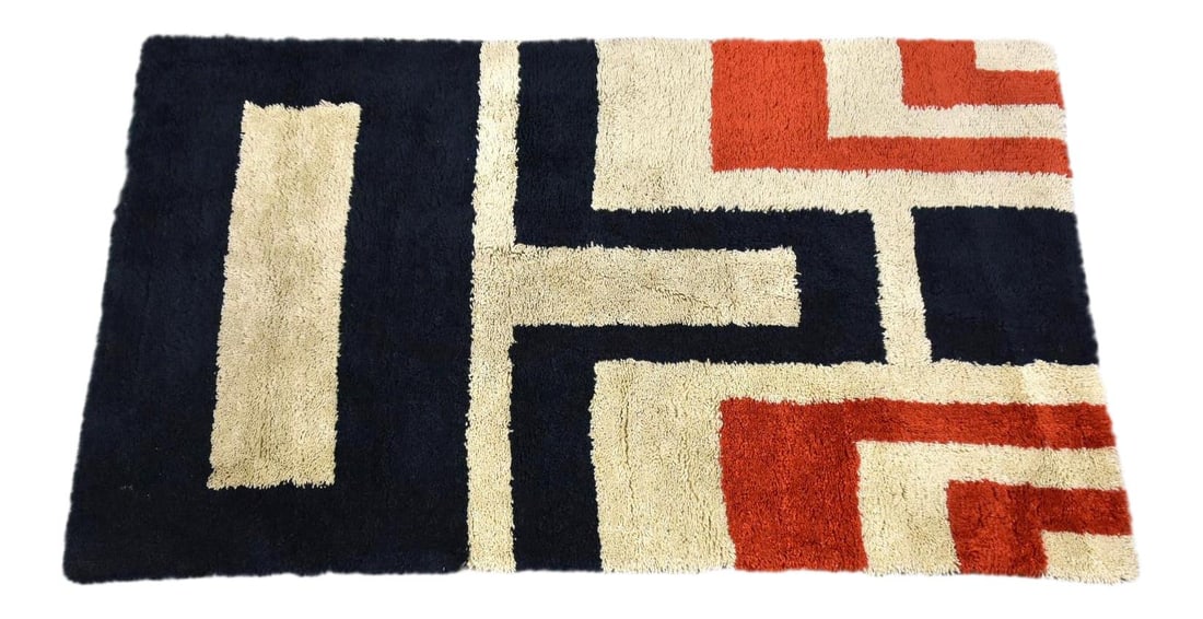 Canterbury House Mid Century Modern Geometric Rug 72 x 43: Canterbury House Mid Century Modern Geometric Rug 72 x 43 Enhance your space with this stunning Mid Century Modern rug, featuring a captivating abstract geometric design in vibrant red, off-white, and