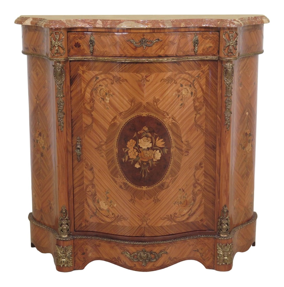 Italian Inlaid Commode With Marble Top and Bronze Accents 1980s: Italian Inlaid Commode With Marble Top and Bronze Accents 1980s This Italian commode from the 1980s features a marble top and intricate inlay work, highlighted by elegant bronze trim. Crafted with hig